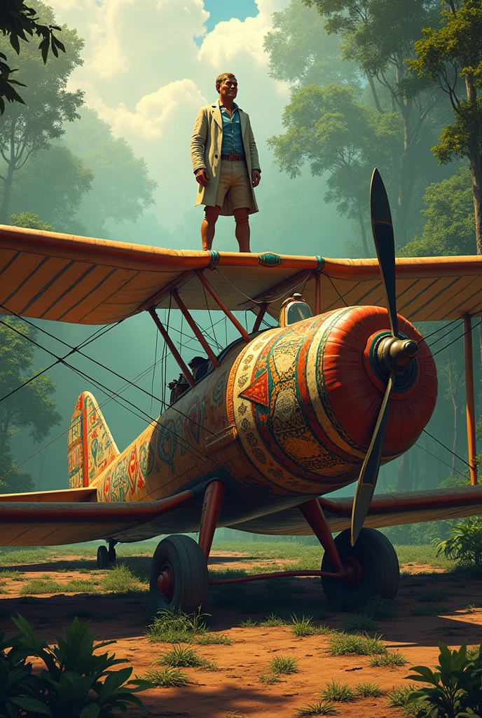 Make an image of Santos Drummond on top of the 14 bis, but the plane on the ground. Make it as if it were an allegory of the Parintins festival in Amazonas