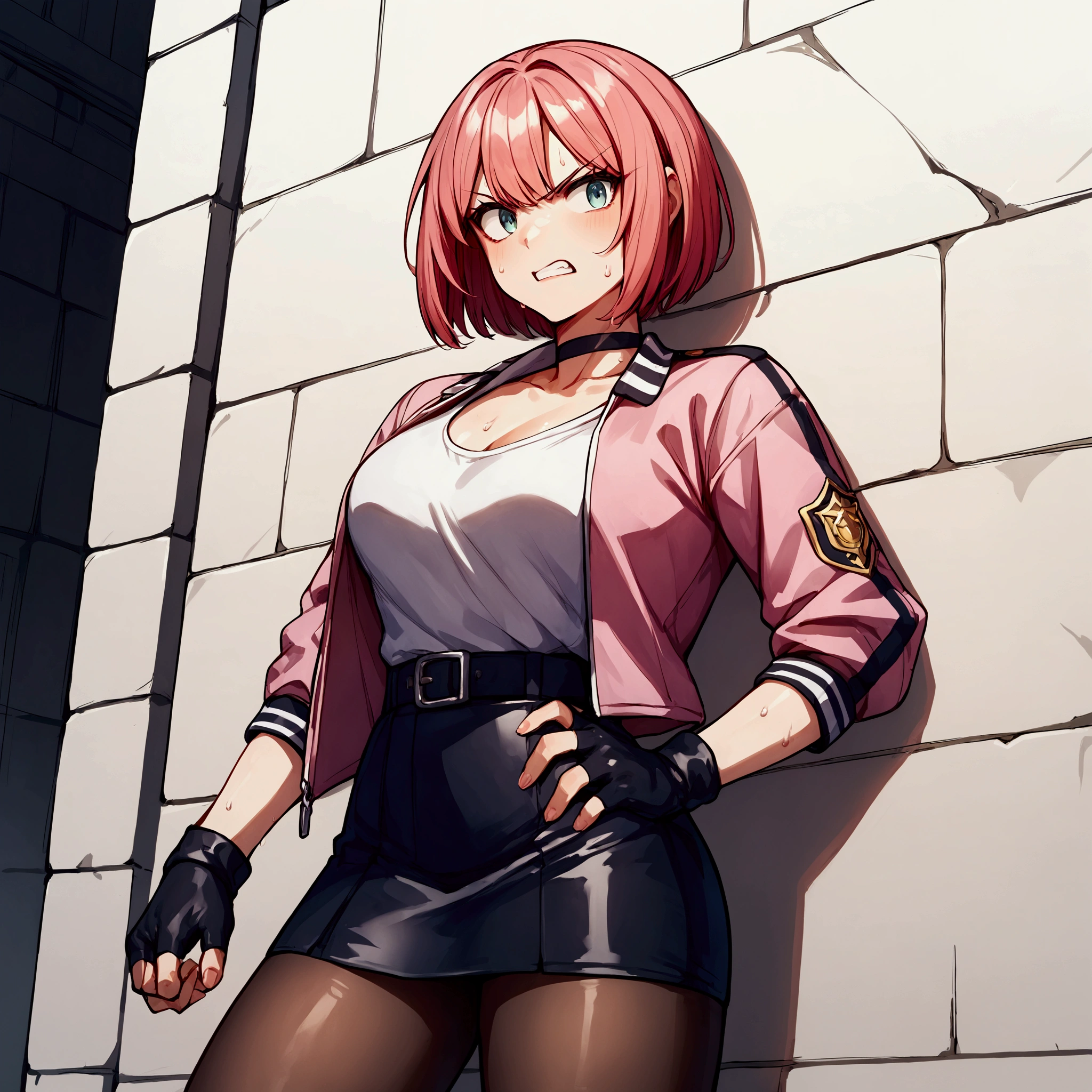 {{Female police officer struggling in a pink jacket against a wall}},E18,score_9, score_8_up, score_7_up, score_6_up, score_5_up, score_4_up,score_9, score_8_up, score_7_up, score_6_up, score_5_up, score_4_up,holding her stomach and enduring pain　suffering from stomachache .fighting stance , source_anime,sweaty,Grit your teeth, black leather skirt, black pantyhose，fingerless gloves,　pink　bob-cut hair ,rating_safe,v-shaped eyebrows.Black choker Clavicle　back alley, Beautiful thighs