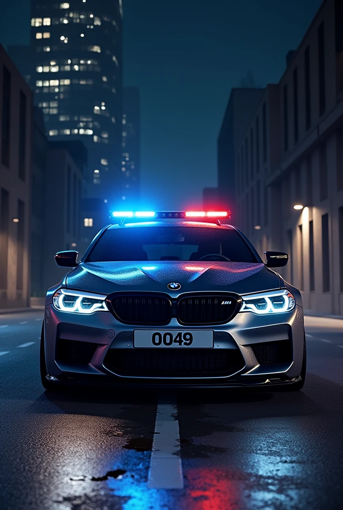 Bmw m5 with police light on grill at night infront of a building with number plate 0049