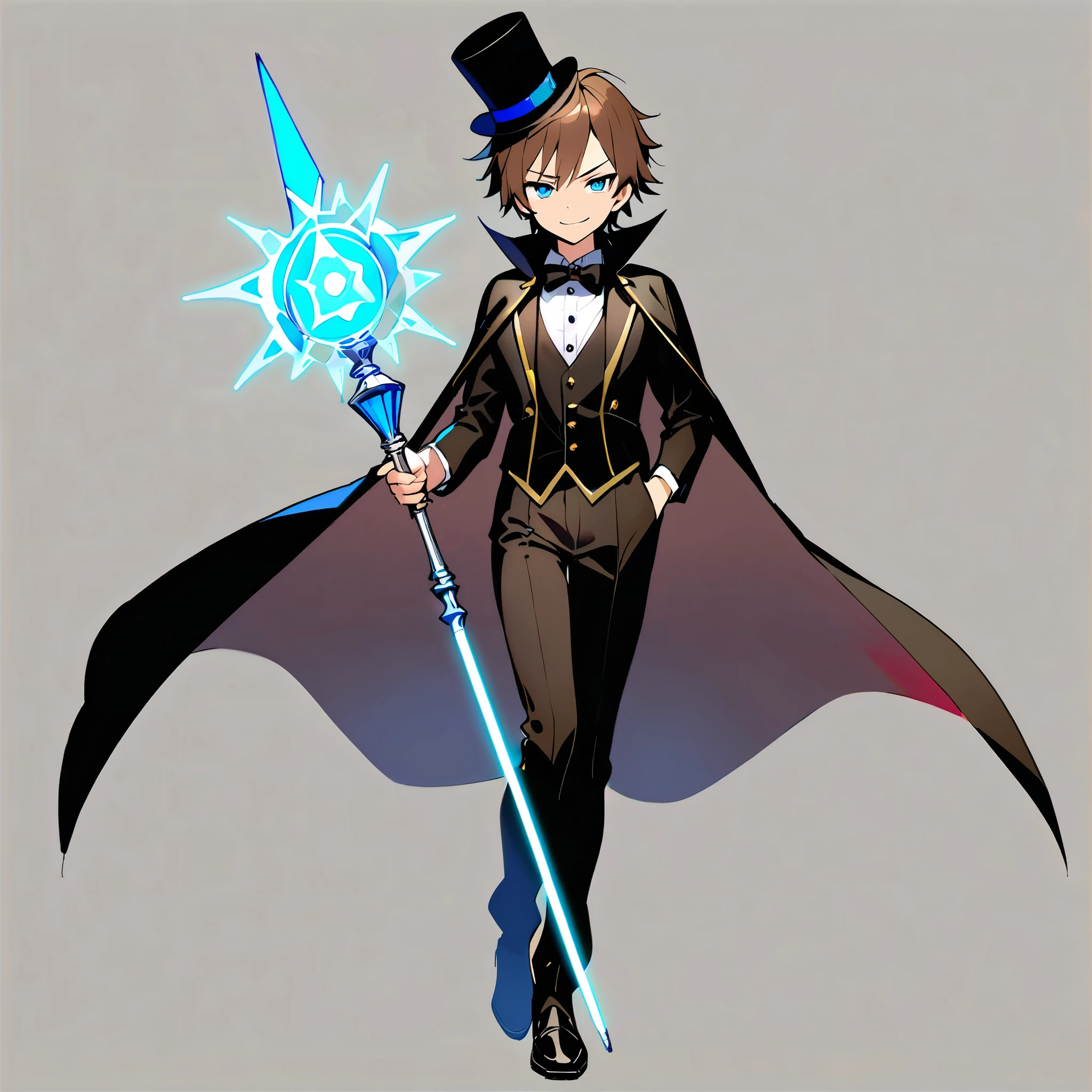 1youngboy, short messy brown hair, blue eyes, black tailcoat jacket, black waistcoat, white buttoned shirt, bow tie, black cape, black pants, black top hat, smirking, ((holding a magic staff)), ((standing)), ((solo)), ((full body)), looking towards the viewer, from the front, simple background