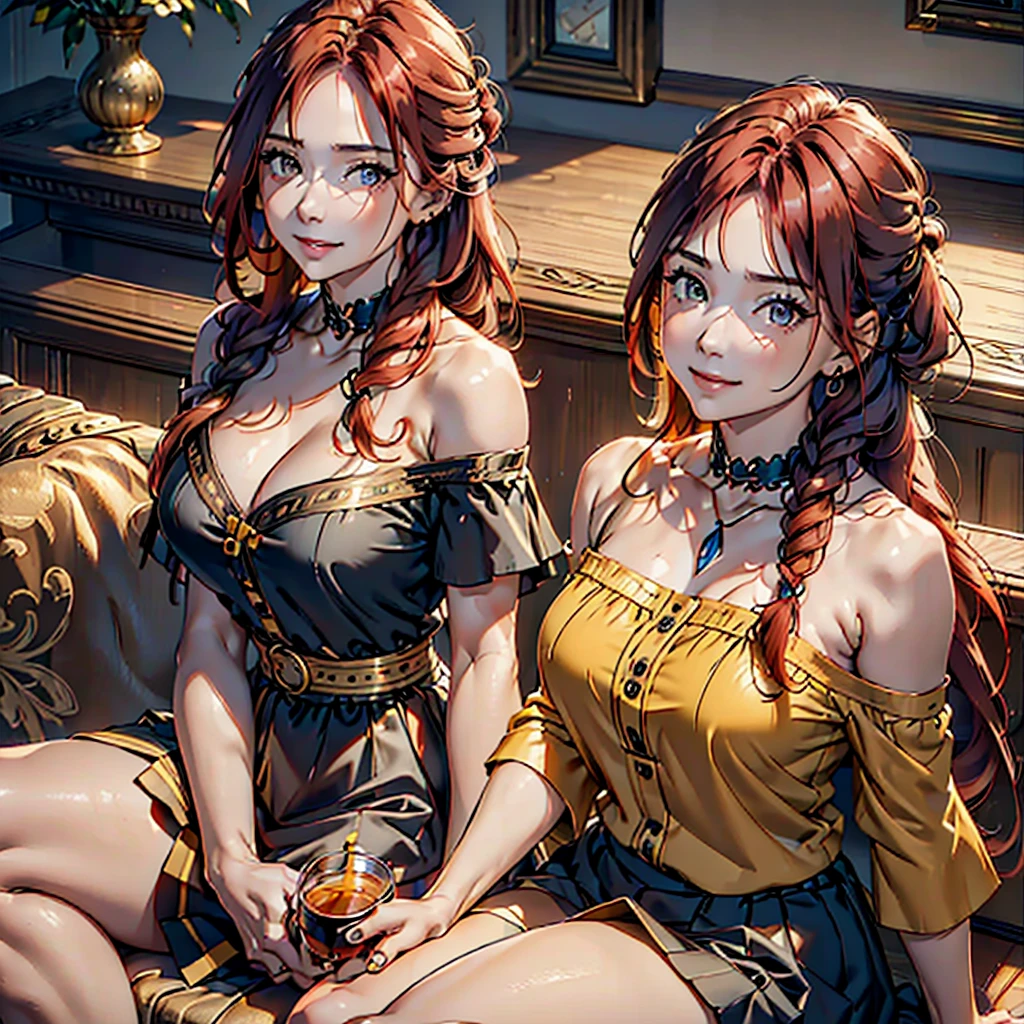 1 woman, long hair with 2 braids,(( natural redhead)), honey yellow eyes, long black nails, short black skirt, Dark purple off-shoulder blouse with neckline detailing, chest a little big, mischievous smile, Broad smile, wide range of expressions, sitting on a sofa in a living room, homely atmosphere, holding a cup of tea.