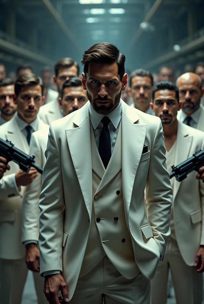 Messi is a gangster with many people and many guns in their hand.every people was wearing white dress
