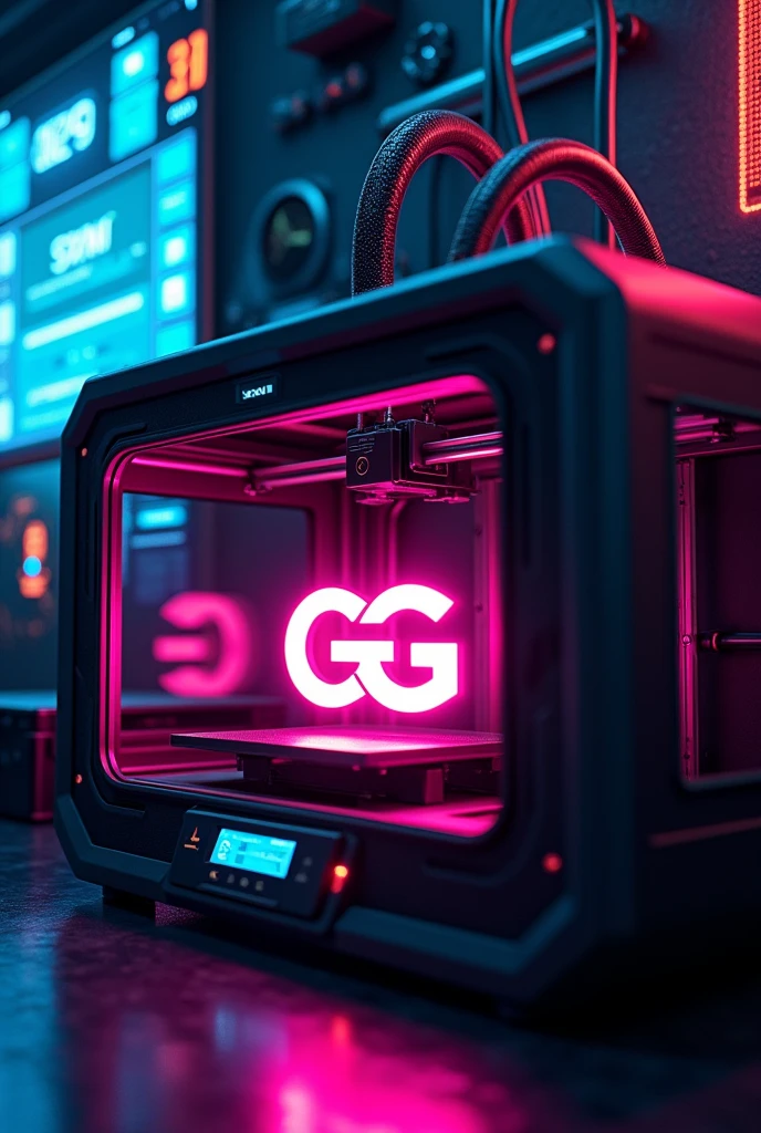 Generate an image of a 3D printer in a futuristic, cyberpunk setting. The printer is actively printing a glowing, neon-colored logo that says "BMR3D." The environment around the printer is dark with vibrant neon lights, and the printer itself has a sleek, modern design with transparent panels showing the inner mechanisms. The logo being printed should have a strong, bold font, with a glowing effect that contrasts with the dark surroundings. The scene should evoke a high-tech, dystopian atmosphere with elements such as cables, digital screens, and industrial textures.