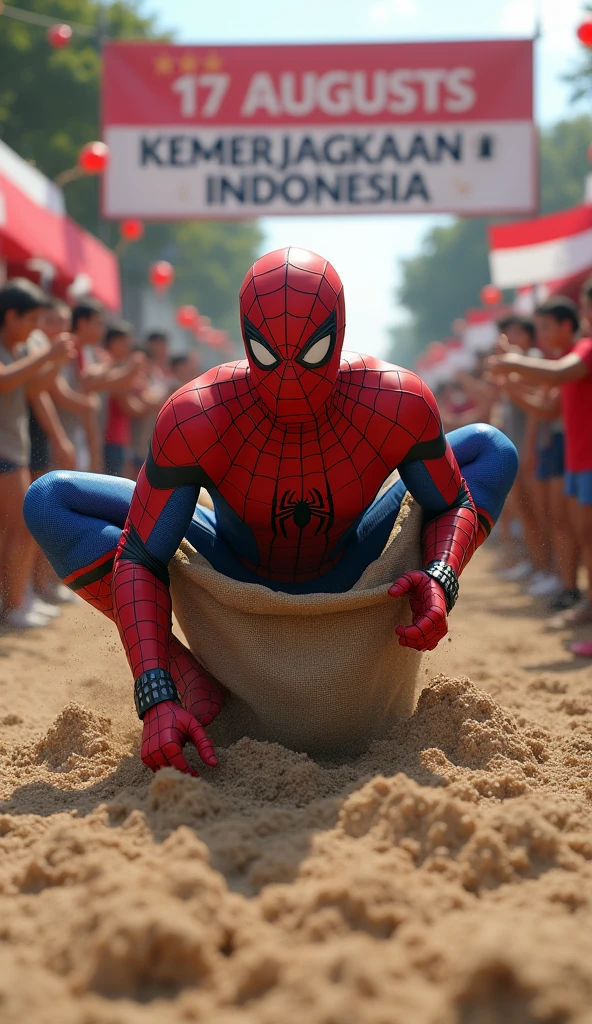 photorealistic, 64K, A highly realistic and humorous scene featuring Spiderman participating in a sack race during an Indonesian Independence Day celebration. Spiderman, in his iconic red and blue suit, is seen inside a burlap sack, desperately trying to jump forward as quickly as possible. His exaggerated effort, with arms flailing and legs struggling inside the sack, makes his attempts hilariously funny. The scene is set in a lively outdoor area with a large crowd of spectators, all cheering and laughing as they watch Spiderman’s comical performance. A prominent banner reading '17 Agustus Kemerdekaan Indonesia' hangs in the background, along with the Indonesian flag fluttering nearby, adding to the festive atmosphere. The image captures the joyful and spirited nature of the event, with Spiderman's humorous antics bringing smiles and laughter to everyone around, no blurring,
