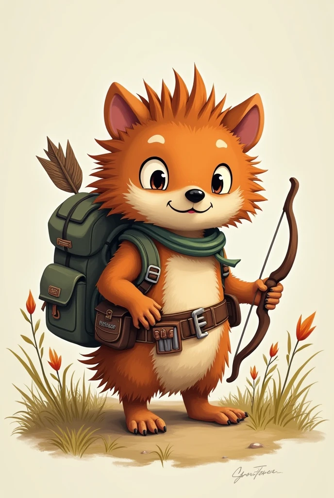 A drawing of a character in the style of the game Spiritfarer. A hedgehog with a tool belt, mischievous face, a big backpack and a bow and arrow