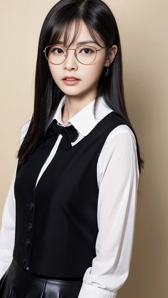 (Highest quality:1.5), (Real:1.4), (Ultra high definition:1.4), (No correction:1.4), (skinny Japanese woman with average size breasts standing front plain background in studio), (A woman wearing black-rimmed glasses), (Very small eyes), (breasts of average size), (Average height), (Bangs that hide eyebrows), (Long black hair), (Dark personality expression), (White long sleeve blouse), (Black vest), (Black flared skirt), (black hair woman is standing with black flared skirt and black vest over the white blouse front plain background in studio), (woman viewed from the front), (Plain background), (Cowboy Shot), (Cold expression), (upright), (A woman with long black hair and glasses), (Bangs that cover the eyebrows), (Sharp and tiny eyes)