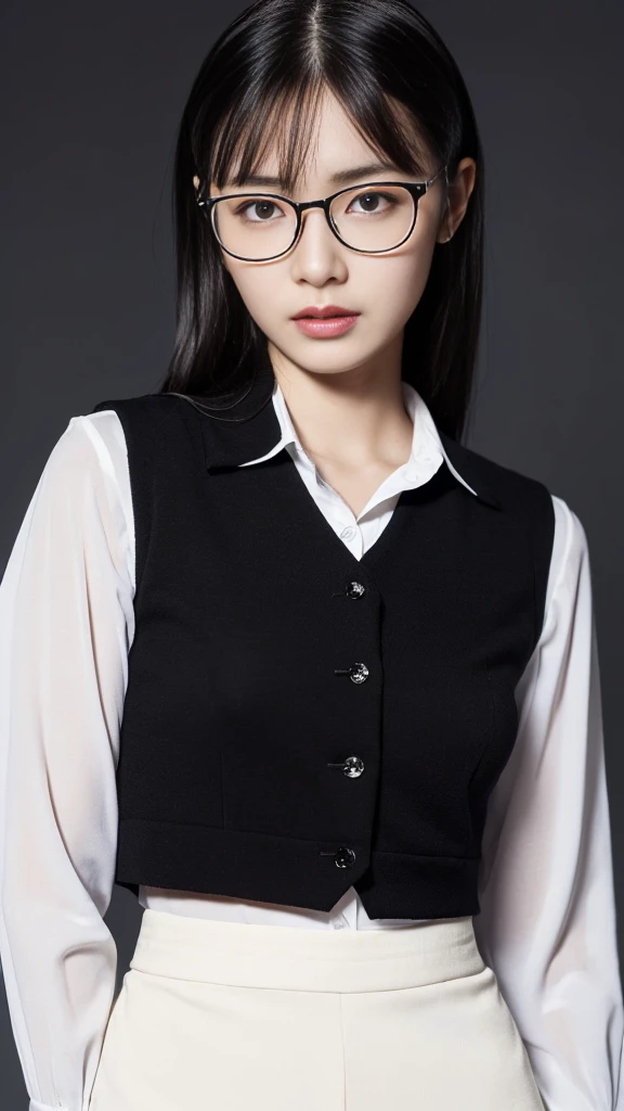 (Highest quality:1.5), (Real:1.4), (Ultra high definition:1.4), (No correction:1.4), (skinny Japanese woman with average size breasts standing front plain background in studio), (A woman wearing black-rimmed glasses), (Very small eyes), (breasts of average size), (Average height), (Bangs that hide eyebrows), (Long black hair), (Dark personality expression), (White long sleeve blouse), (Black vest), (Black flared skirt), (black hair woman is standing with black flared skirt and black vest over the white blouse front plain background in studio), (woman viewed from the front), (Plain background), (Cowboy Shot), (Cold expression), (upright), (A woman with long black hair and glasses), (Bangs that cover the eyebrows), (Sharp and tiny eyes)