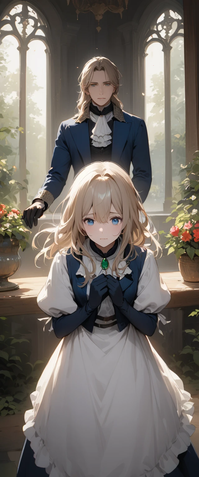 France in the 1890s。The main character of Violet Evergarden has blonde shoulder-length hair with a red ribbon.。She is wearing a classical aristocratic outfit based on ultramarine blue, with a white ribbon on her chest and an emerald necklace in the center.。On both arms, he wears long black leather gloves that reach up to his elbows.。She has very beautiful blue eyes。In the background you can see a slightly blurred French garden.。She always looks sad and lonely。Beautiful and realistic photos.。Walking far away。She is wearing a white flared skirt.