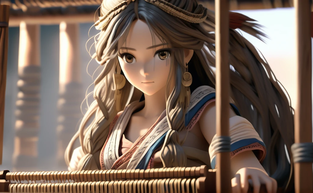 A poor woman working on a loom,face and eyes focusing on viewer, beautifully dressed, in ancient times, 3D, realistic anime character, extremely detailed face and eyes, long flowing hair, intricate details, photorealistic, cinematic lighting, dramatic shadows, high quality, masterpiece, 