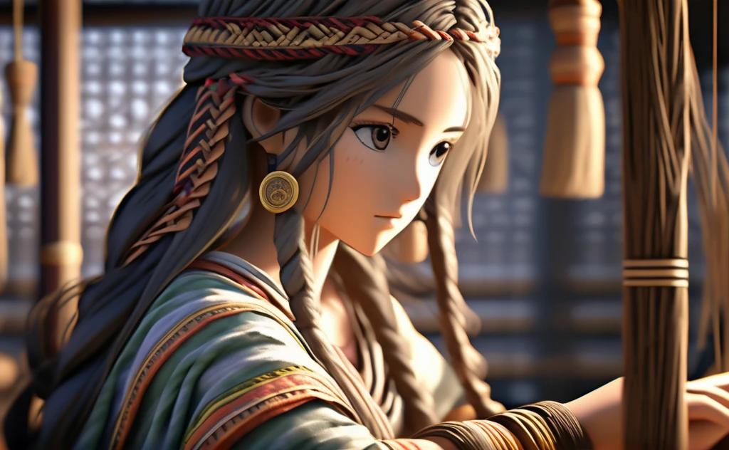 A poor woman working on a loom,face and eyes focusing on viewer, beautifully dressed, in ancient times, 3D, realistic anime character, extremely detailed face and eyes, long flowing hair, intricate details, photorealistic, cinematic lighting, dramatic shadows, high quality, masterpiece,