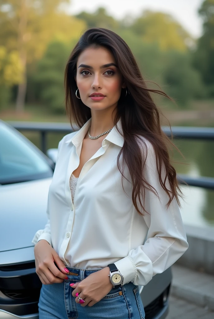 Beautiful pakistani women white shirt blue jeans pant full picture long hair white skin tone pink lipstick stand near of honda civic car silver chain in neck red stone ring in write hand rolex watch in right hand stand in bridge of river