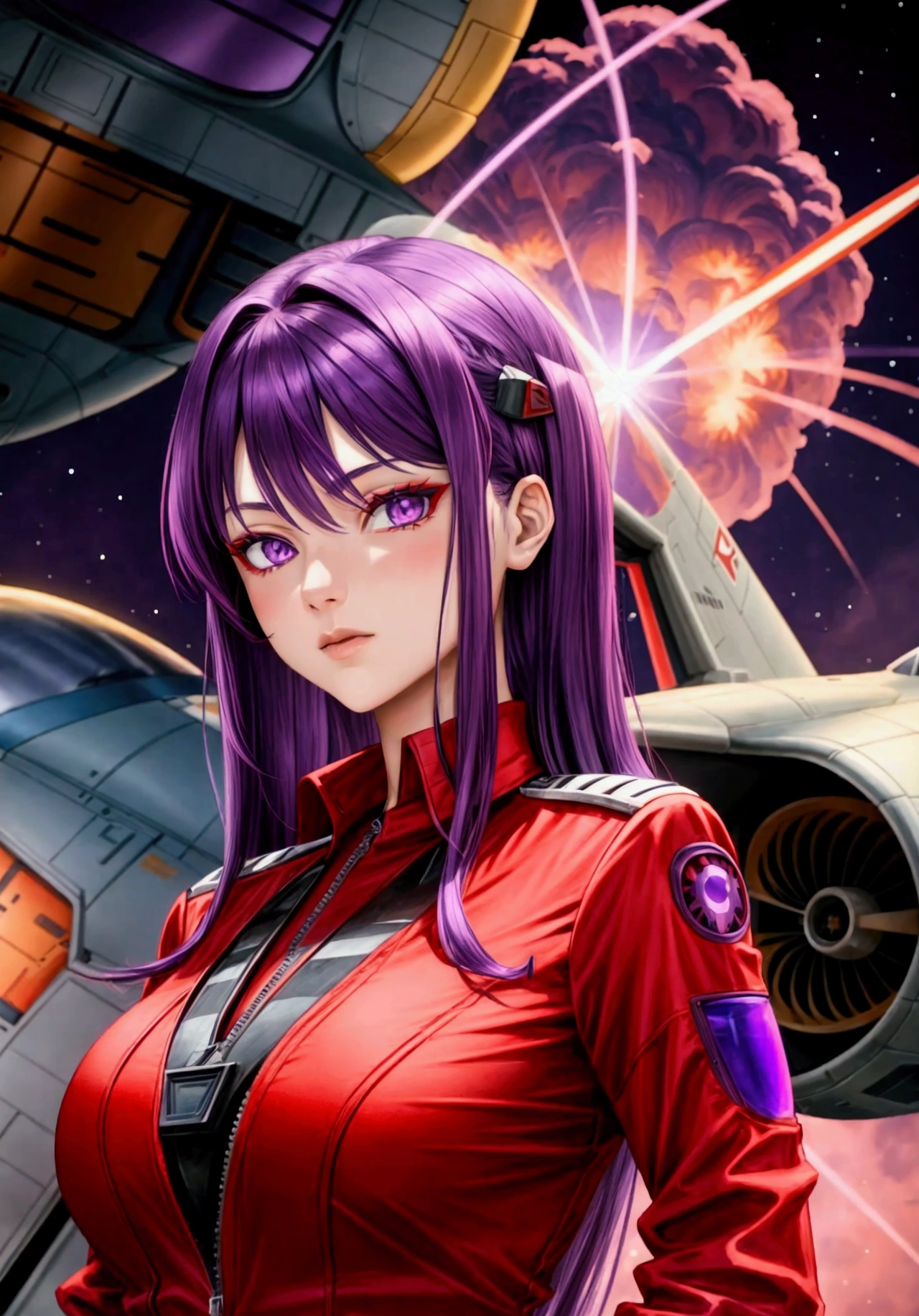 (red shirt),(a beautiful and cool girl), (purple eyes), (medium hair, straight hair, purple hair),(ace pilot), (science fiction)