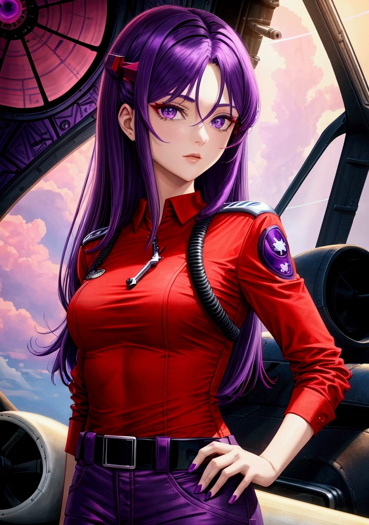 (red shirt),(a beautiful and cool girl), (purple eyes), (medium hair, straight hair, purple hair),(ace pilot), (science fiction)