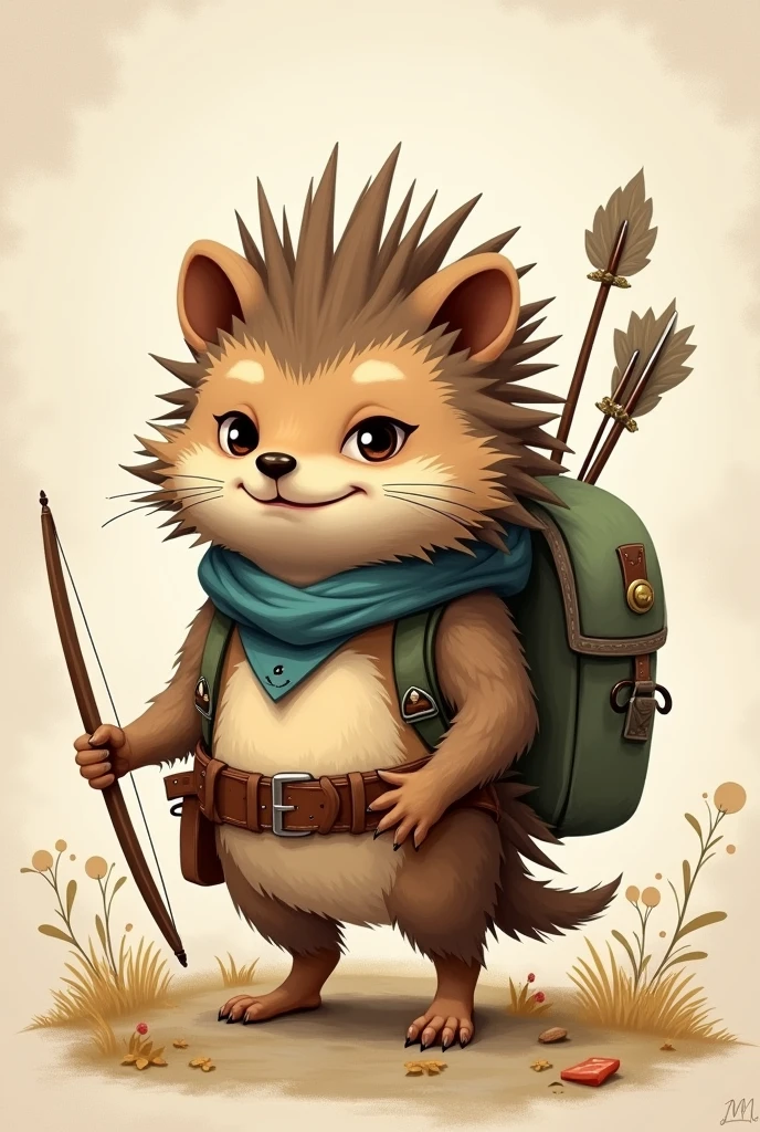 A drawing of a character in the style of the game Spiritfarer. A hedgehog with a tool belt, mischievous face, a big backpack and a bow and arrow