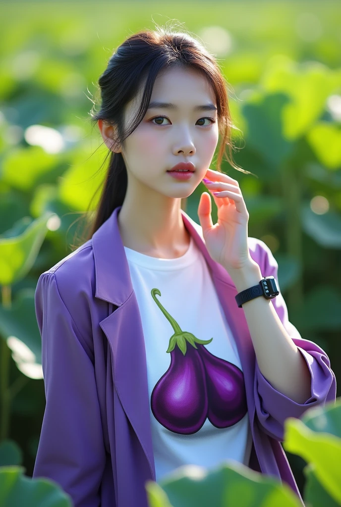 Beautiful Korean girl, smooth white skin, well-groomed face, tied black hair, posing in a very fertile and beautiful eggplant field, purple jacket, white t-shirt with purple eggplant pattern, cool watch,