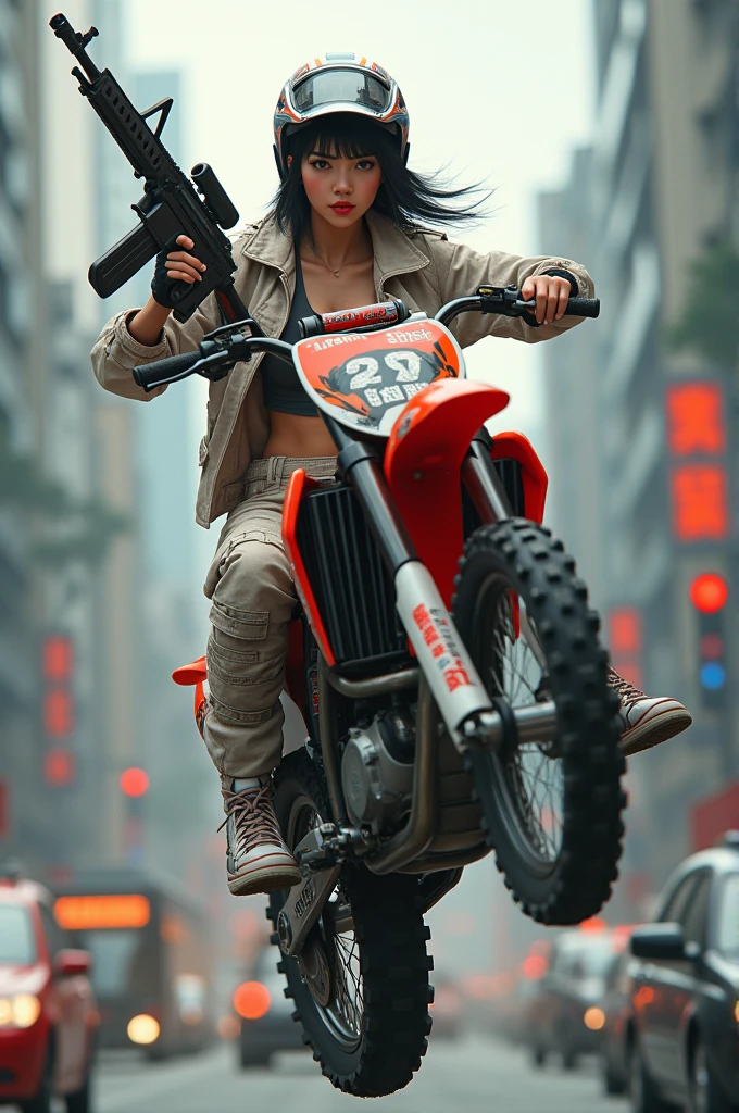 a beautiful Asian girl wearing cool clothes. doing freestyle motocross on a street full of action. You can see a rifle in his hand and pointing it towards the front. The effect of traffic chaos
