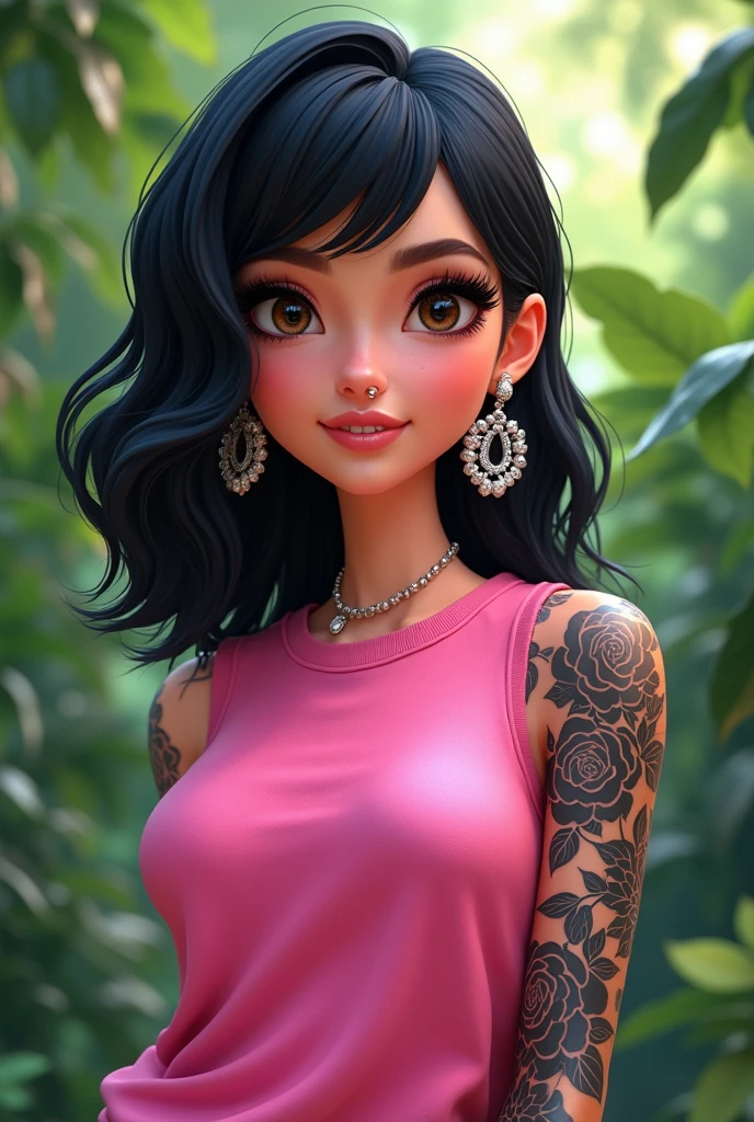 A bratz-like animation of a girl with medium black hair, with a whiter skin with a dot piercing on her left side nose with big earrings in her ears posing in a pink sweatshirt with a tattoo with many black roses on her right arm on a completely green background