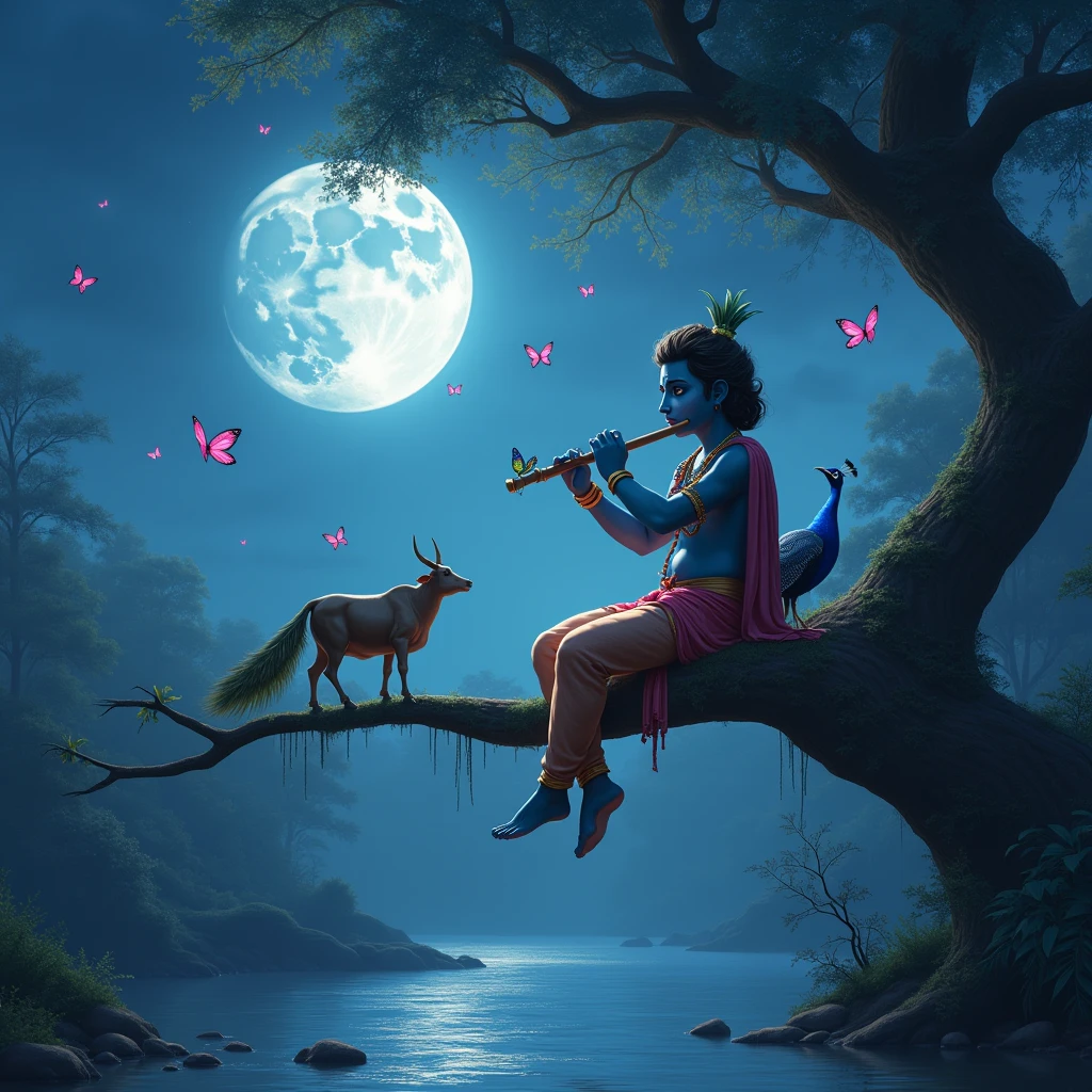 Krishna waiting waiting for Radha to express his love in the river side  sitting on the middle of the 
tree and sleep with 
cow 🐄 and peacock 🦚 with some blue and pink  butterflys 🦋 by playing flute  in the full moon and light with night 
Only genrate the photo
