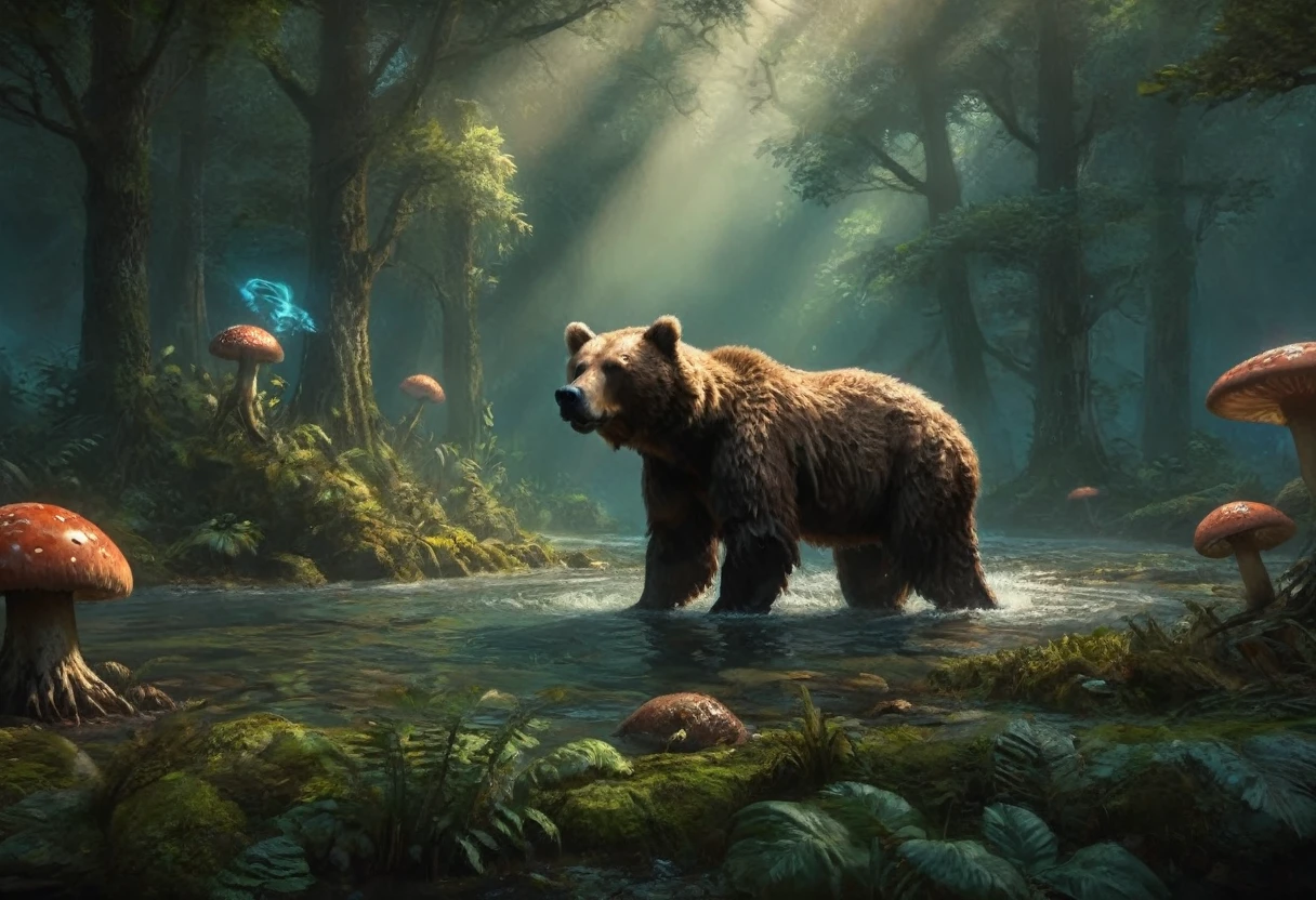 a robotic brown bear, catching alien tentacle salmon, alien forest, hyperrealistic, 8k, highres, detailed, photorealistic, cinematic lighting, moody atmosphere, dramatic composition, vibrant colors, dynamic movement, intricate textures, advanced 3D rendering, volumetric fog, lush foliage, glowing mushrooms, surreal landscape, alien flora and fauna, intricate details, dramatic lighting, vibrant colors, cinematic framing, masterpiece
