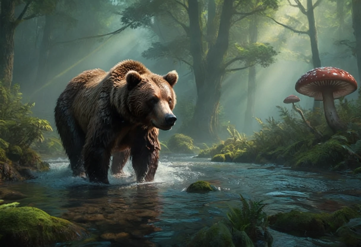 a robotic brown bear, catching alien tentacle salmon, alien forest, hyperrealistic, 8k, highres, detailed, photorealistic, cinematic lighting, moody atmosphere, dramatic composition, vibrant colors, dynamic movement, intricate textures, advanced 3D rendering, volumetric fog, lush foliage, glowing mushrooms, surreal landscape, alien flora and fauna, intricate details, dramatic lighting, vibrant colors, cinematic framing, masterpiece