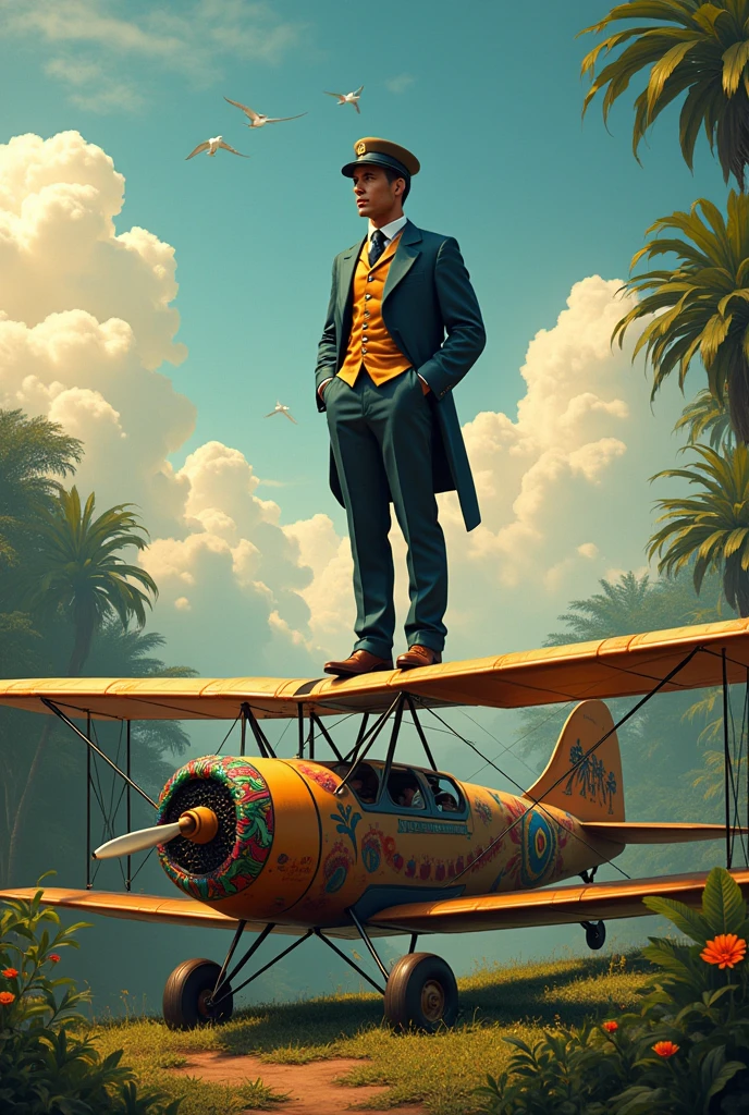 Make an image of Santos Drummond on top of the 14 bis, but the plane on the ground. Make it as if it were an allegory of the Parintins festival
