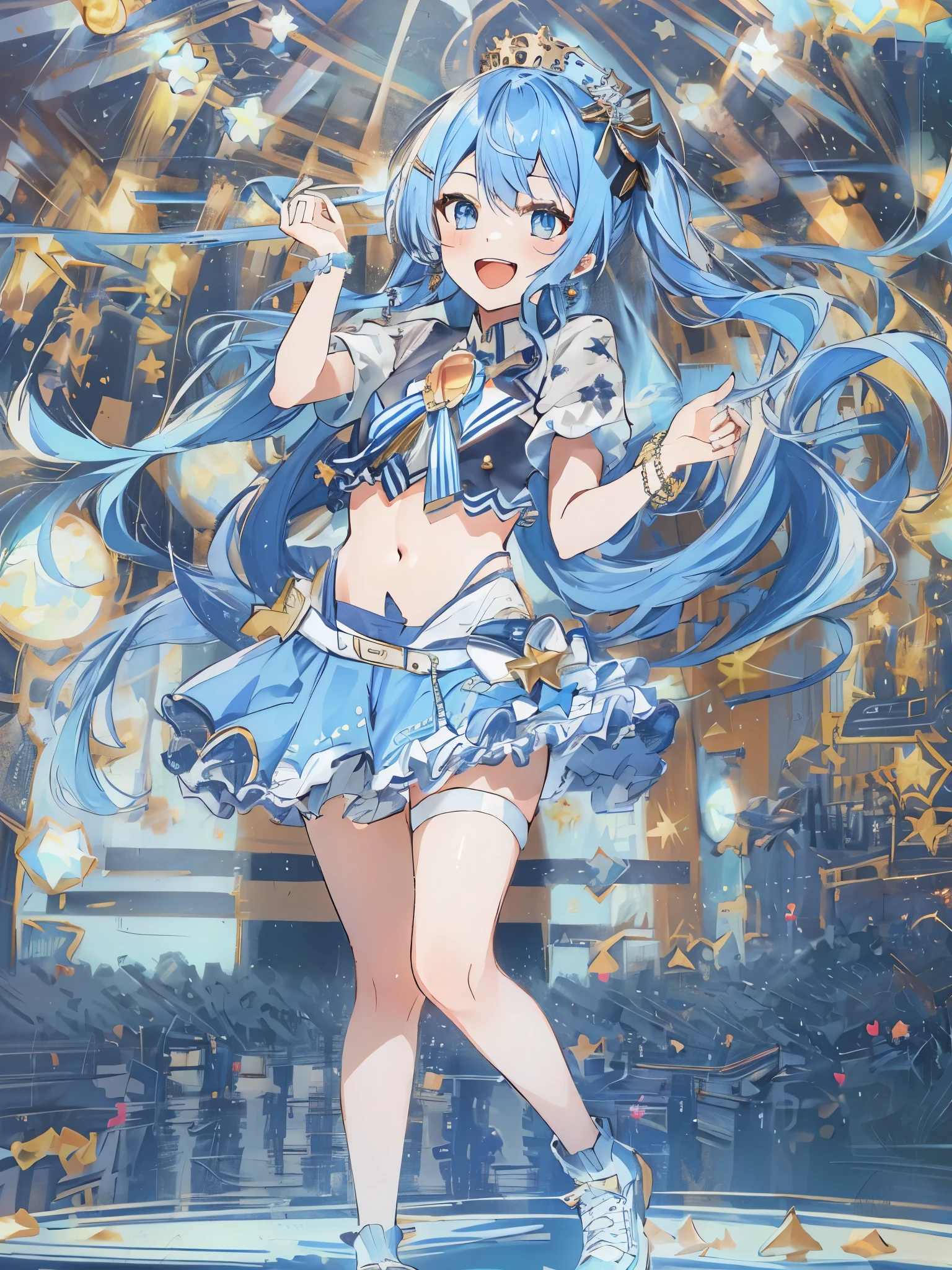 masterpiece, best quality, absurdres, 1girl, solo, Hoshimachi Suisei, light blue hair, blue eyes, happy, smile, parted lips, slender, sidelocks, sideponytail, toned,
idol, idol clothes, hololive idol uniform, bowtie, blue skirt, brooch, dress, concert, on stage, frilled skirt, jewelry, layered dress, short sleeves, tiara, midriff, thighhighs,shout,(open_mouth:1.3),singing,(angry:0.6), (glare:0.6), idle_live,audience_landscape,light up_girl,solo,shiny_effects,smile。joy,happy,(slanted_eyes:1.3),navel,