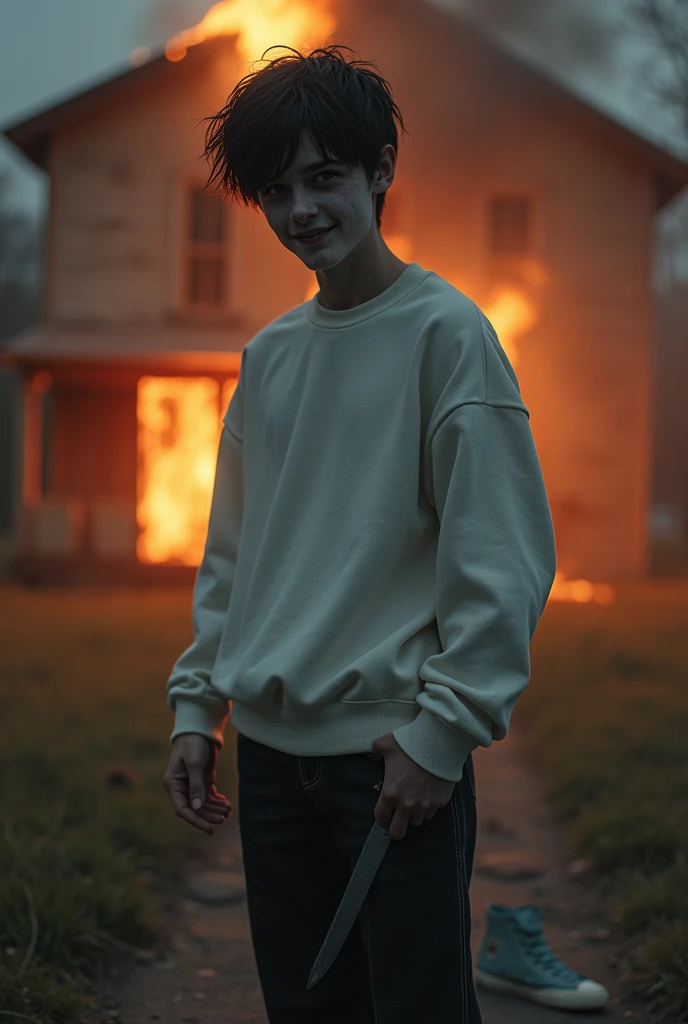 A young man, Bblack hair, short and messy, pele brothers, white eyes with black pupil, big black shadow on face, cut resembling a smile on the face from ear to ear, white sweatshirt, black jeans pants, All star therefore, knife, house background oeging fire. 