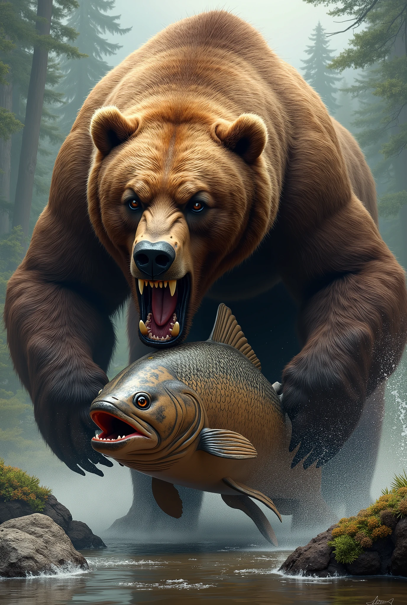 Brown bear bite、Carved wooden salmon