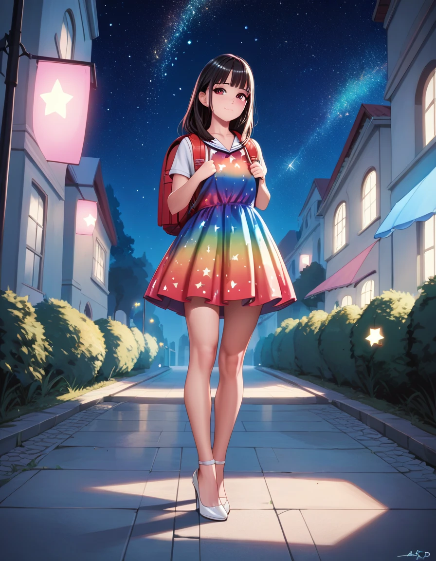 woman posing for a photo, colorful dress, shiny dress, good hand,4k, high-res, masterpiece, best quality, collarbone, soft lighting, dynamic angle, (((5 stars hotel))), outside, standing, wearing red backpack, wearing school backpack, square backpack, (backpack:1.2), fullbody, high heels