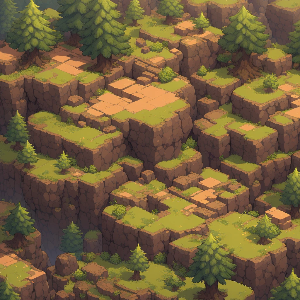 Retro video game style, pixelated, vibrant colors, 8-bit characters, blocky shapes, sharp lines, detailed shading, classic gaming vibe, nostalgic atmosphere, classic arcade games. Masterpiece:1.2, ultra-detailed, illustration style. 2D texture, stone texture, 4K seamless mud texture, video game texture, dirt texture. Game tiles, grass, 3/4th perspective trees, 3/4th perspective tileable rock texture, 3/4th perspective tileable cliff formations, tileable trees, top-down view, tileable texture. Very detailed cliff texture, intricate stones.
Mountain Terrain: Diverse mountain shapes and elevations, including peaks, ridges, and valleys.
Texture Detail: High resolution with intricate details like rocky surfaces, crags, and natural erosion patterns.
Seamless Pattern: Ensure that the edges of the tile seamlessly align with adjacent tiles to create a continuous and coherent mountain range when repeated