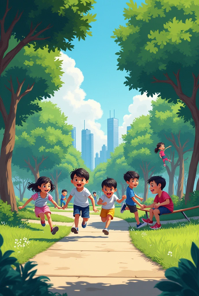 a city park full of life and activity with 6 kids playing