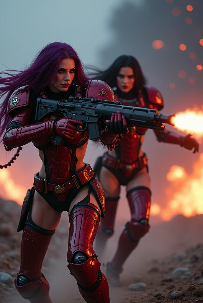 Full body pose sexy sisters of battle from the warhammer 40k, shooting at the enemy, red space marine armor with intricate details, black space marine armor with intricate details, symbols on the armor, sisters of battle, warhammer 40k, Massive exposed silicone breast, pale skin, seductive, temptation, eat your soul, clevage, long red flowing hair, long black flowing hair with purple highlights, heavy gothic makeup, at night, neon, beautiful detailed eyes, beautiful detailed lips, extremely detailed eyes and face, long eyelashes, highly detailed armor, intricate futuristic weaponry, dramatic lighting, cinematic composition, muted color palette, gritty and realistic, mecha, science fiction, hyper-detailed, photorealistic, award winning digital art, 8k, HDR, masters work, in the middle of a battle field, full body combat action pose, explosions and fire around, full war, stunning, Stilleto heels, high heels, full body pose, cinematic, movie trailer, final stand!, nemesis, ready to strike, dust and debree, combat screams, attacking, shooting at the enemy, running forward, last line of defense, charging, fanatic, religious, templar knights, sisters of battle, warhammer 40k, shooting at the enemy, bimbo gigantic exposed breast, jetpacks, space marine, stilleto heels, cinematic light, cameltoe pussy, beautiful pussy, wet pussy, wet body, oiled body, gigantic breast, dynamic super sexy combat action pose
