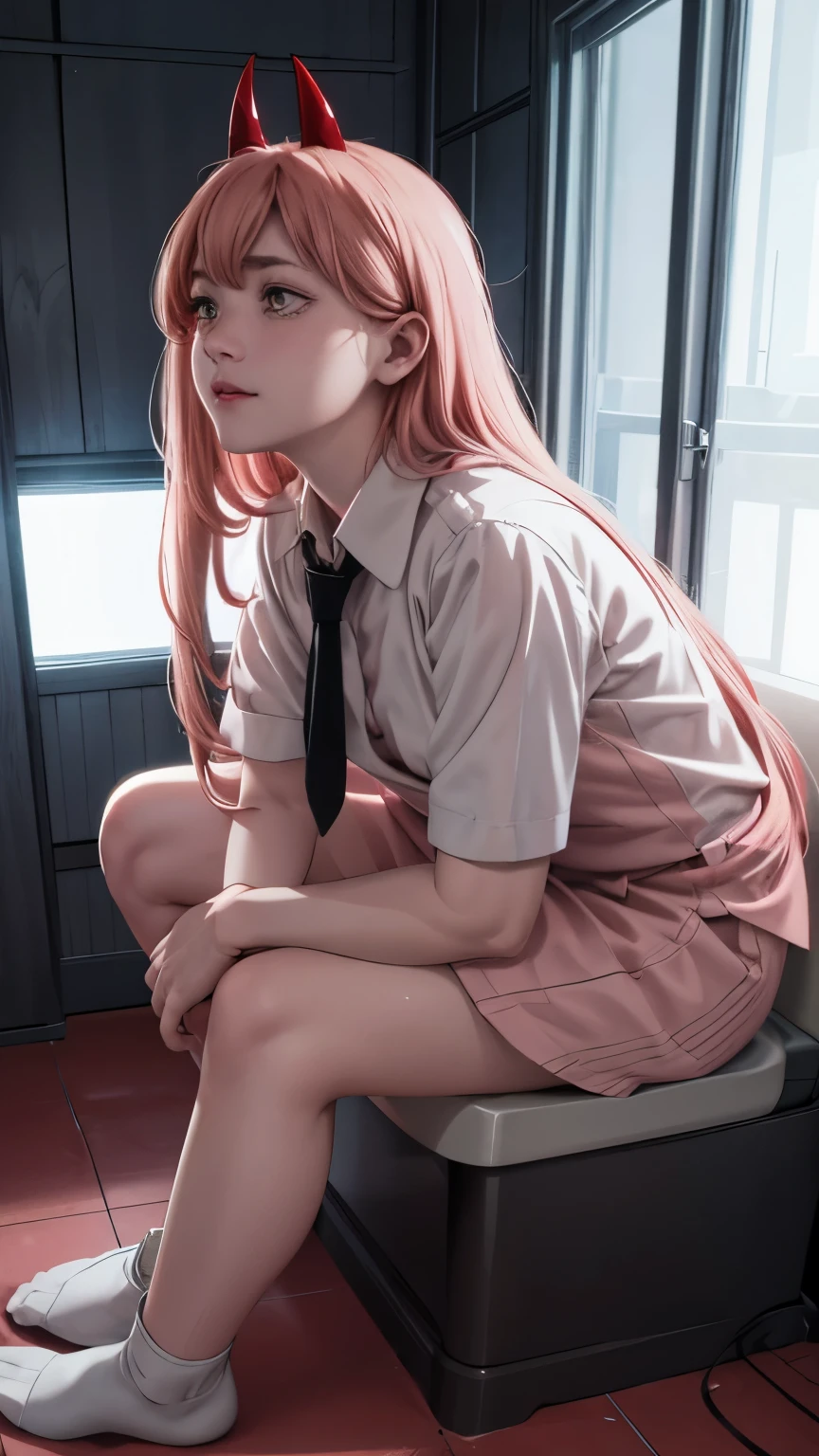 One person、Long pink hair、Red Corner、White collared shirt、Black tie、Bright smile、Yellow Eyes、Red horn、horny_power、Sitting casually on the toilet、look up、Absurd、Detailed eyes、Very detailed、Volumetric lighting、Real、Realな照明、8k、Cinematic lighting、Depth of written boundary、perfection、Super detailed、Photorealistic、超Real、Realな光、Hard Lighting、Intricate details、Stop Motion、Tone Mapping、Sharp Focus、Super detailed、