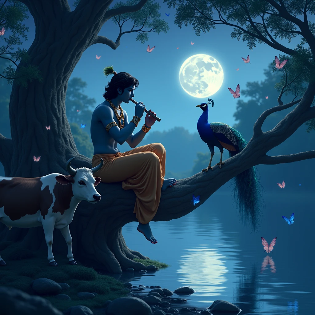Krishna waiting waiting for Radha to express his love in the river side  sitting on the middle of the 
tree and sleep with 
cow 🐄 and peacock 🦚 with some blue and pink  butterflys 🦋 by playing flute  in the full moon and light with night 
Only genrate the photo