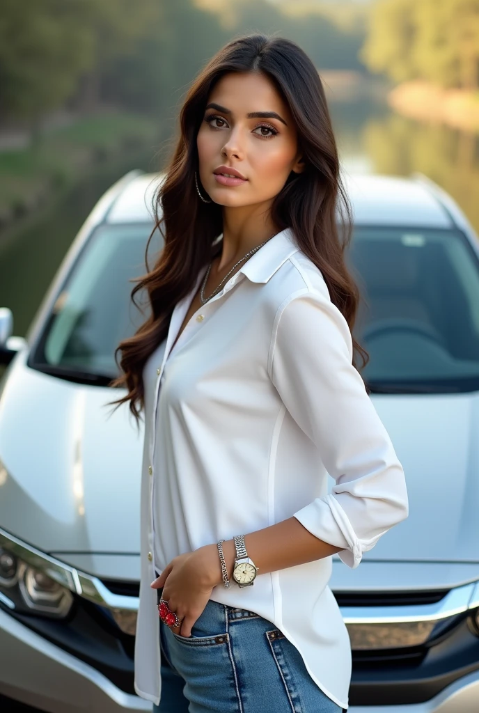 Beautiful pakistani women white shirt blue jeans pant full picture long hair white skin tone pink lipstick stand near of honda civic car silver chain in neck red stone ring in write hand rolex watch in right hand stand in bridge of river