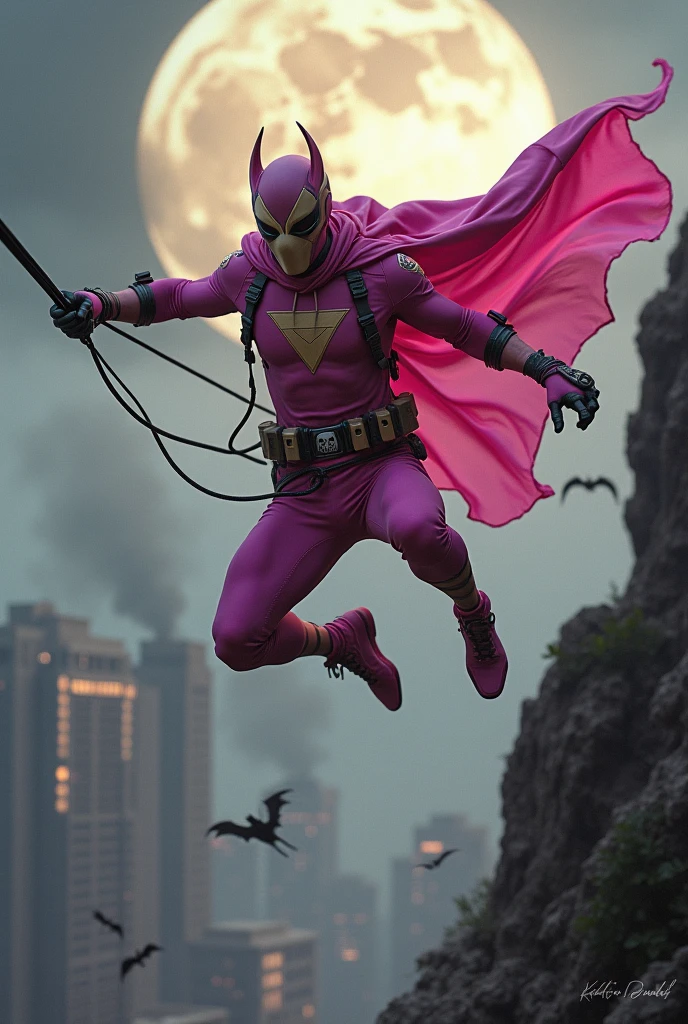 Malaysia man in high-tech suit, vivid effects, malaysian superhero (KELUANG MAN)(( in a striking pink and beige costume cyberpunk design, mask small mini bat ear beige, daredevil beige mask, ))jumpsuit dark pink stands confidently in a dramatic.jumping from high place.hero costume.one hand rise up. Big triangle logo on the chest.high detail Punisher logo on the chest. Fighting pose , stormy landscape. ((Head covered node guard like batman. Running pose , athletic body type, small mini ear bat mask))The character wears domino mask a helmet with pointed mini torn ears and a flowing cape biege, open nose and mouth. Equipped with visible futuristic weapons on a belt,bullet proof jacket pink dark day.show fingers pose, dark night, big supermoon effect . Small logo on chest triangle shape small punisher logo center(( skull triangle Casey Jones mask shape logo)) center on chest pink logo mini logo . rocky. Building top.smoke ground.((jumping from the building Man hangging on the black rope)) , bomb effect background, losse pants, losses costume.adding to --ar 3:4 --style raw --stylize 500 --v 6.1. chaos. Lot of small flying bat. One leg on the high stone. Man. Wear hologram watch.. Real man age 40 year old. One hand holding belt.one hand holding black rope hanging on building. Big pant pink. Beige cape joodie.(( Loose pant)) , jump on high building)marvel , X-Men.