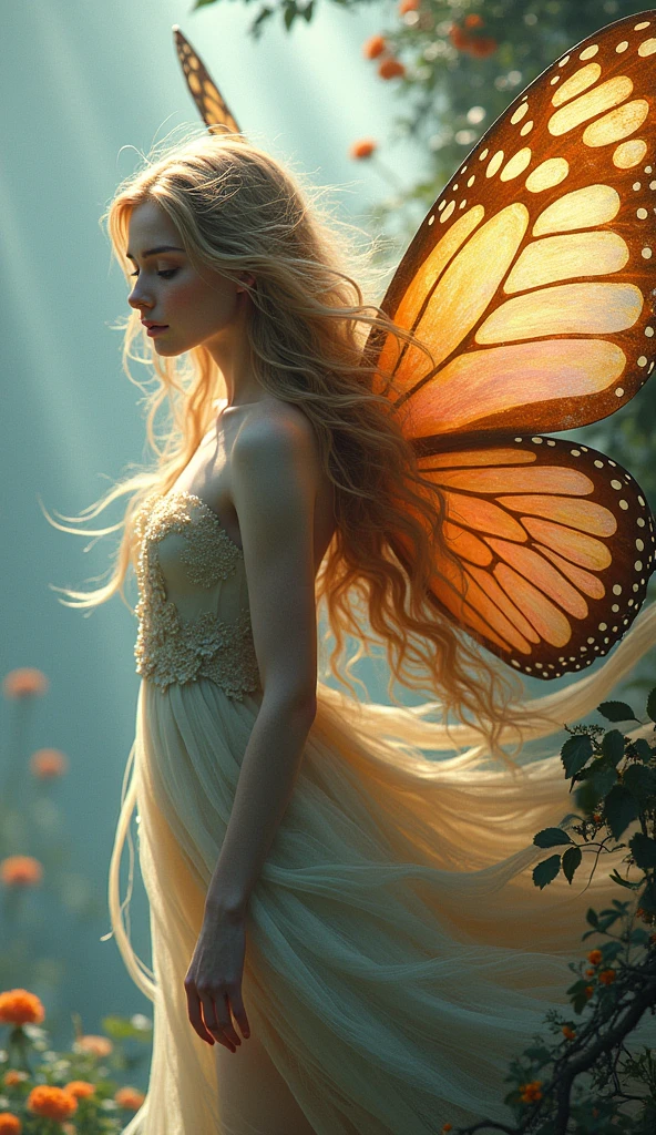 A fantasy-inspired figure resembling a fairy with long, flowing hair, gracefully posed against a backdrop of vibrant, stylized butterfly wings. The wings display intricate patterns with a blend of pastel colors, while the figure is artfully rendered with subtle textures. The scene is embellished with organic shapes reminiscent of nature, creating a whimsical and enchanting atmosphere.