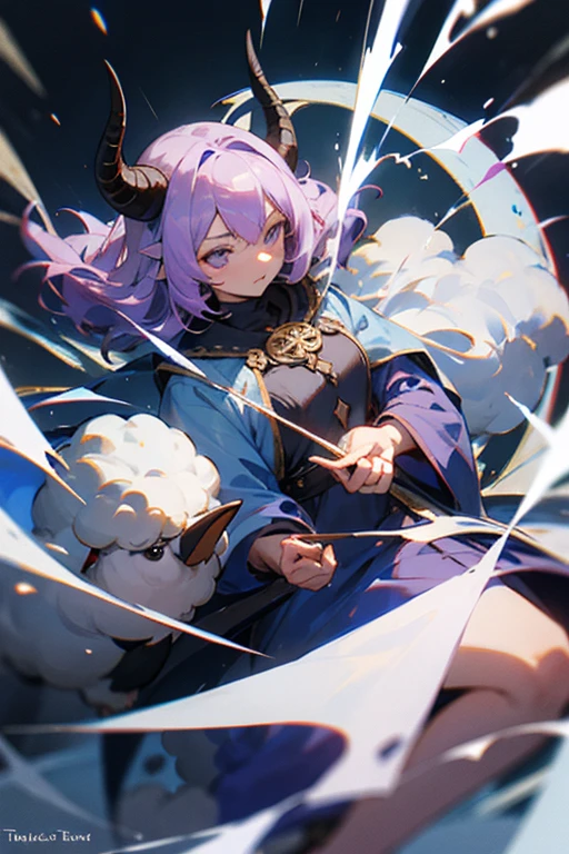 Teafling with sheep horns rune magic mage with light purple hair