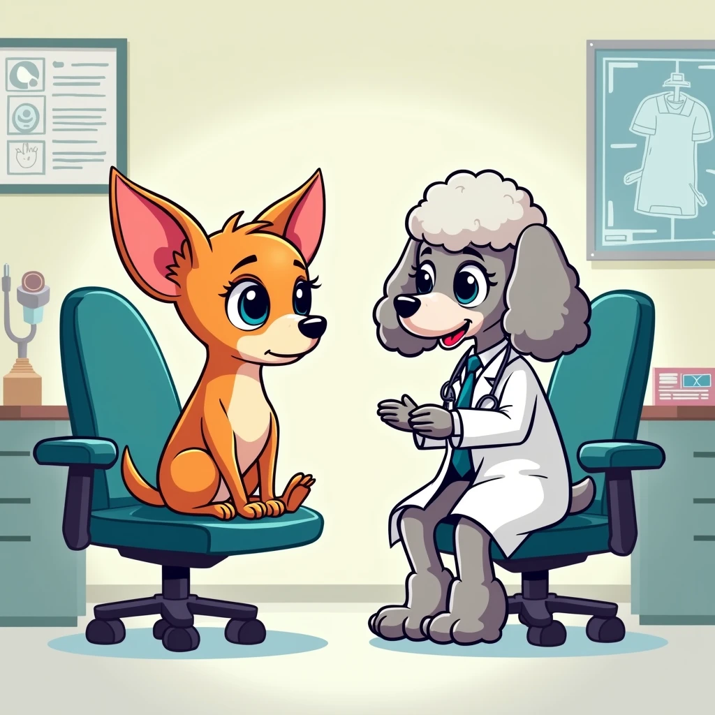 Chibi Style, 2-panel cartoon, dot halftone, Flat Color, A Chihuahua patient is talking to a Toy Poodle ophthalmologist, In the examination room,Sitting in a chair,Cataract surgery explained