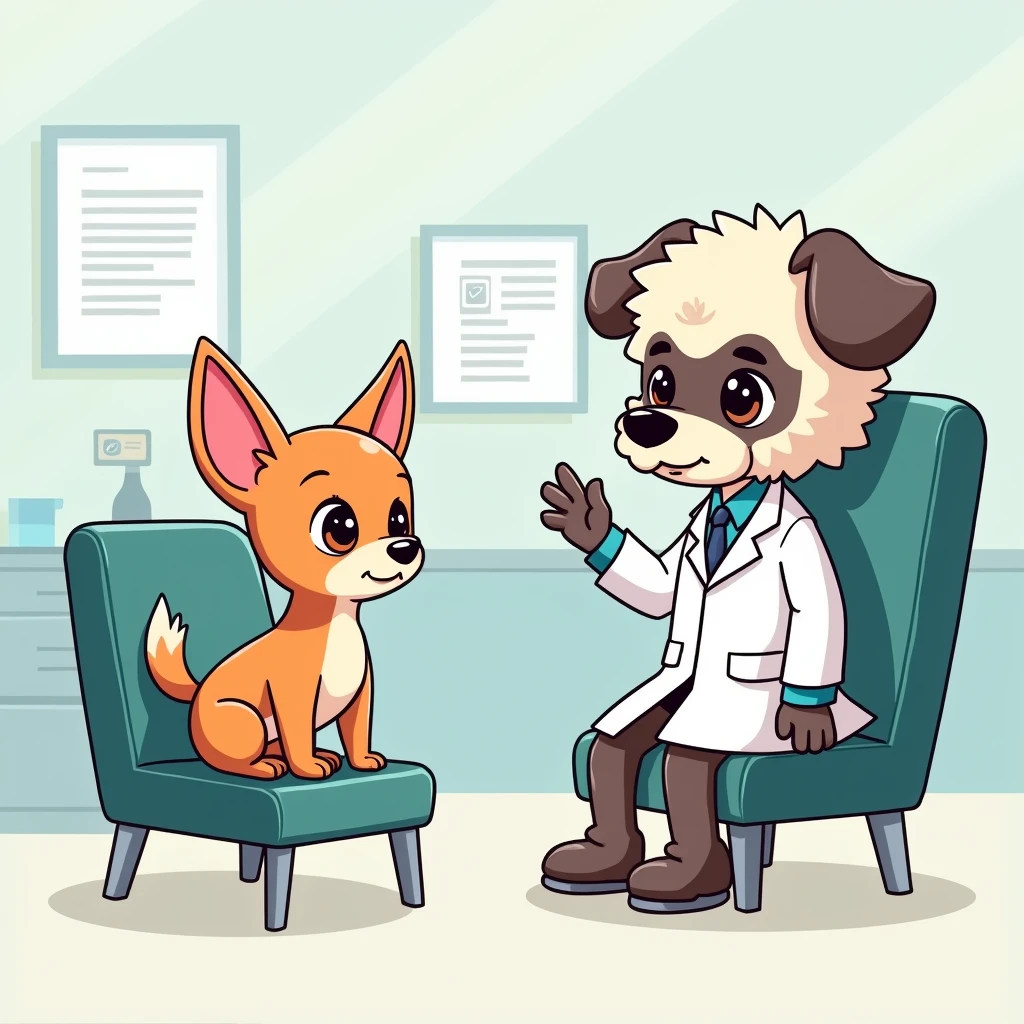 Chibi Style, 2-panel cartoon, dot halftone, Flat Color, A Chihuahua patient is talking to a Toy Poodle ophthalmologist, In the examination room,Sitting in a chair,Cataract surgery explained