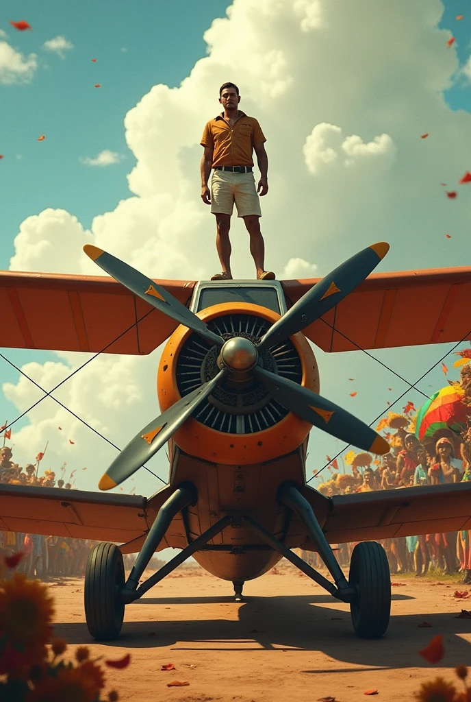 Make an image of Santos Drummond on top of the 14 bis, but the plane on the ground. Make it as if it were an allegory of the boi bumba festival 