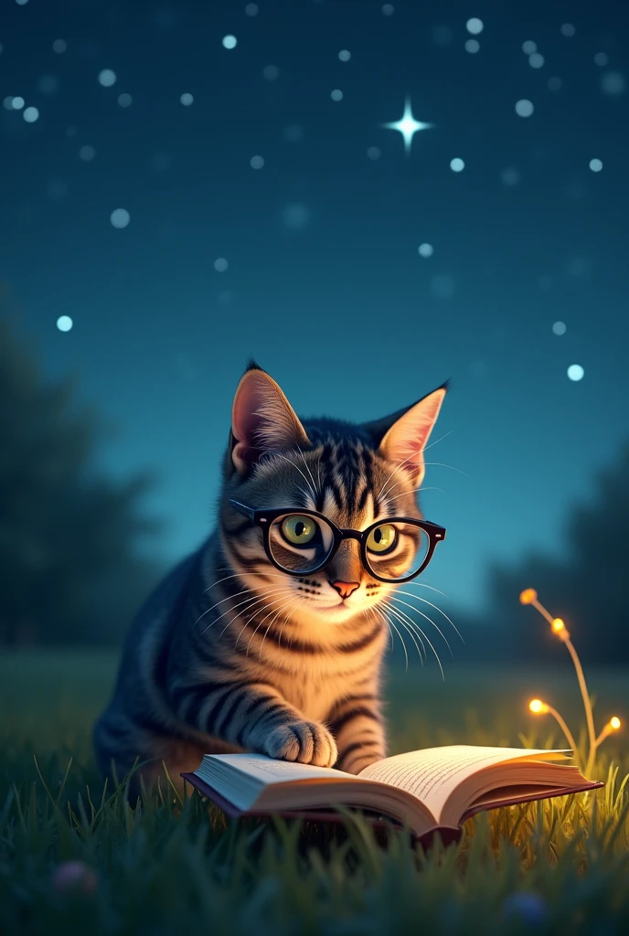 I create a photo of a cat with glasses reading in the field under the stars with a cute little light