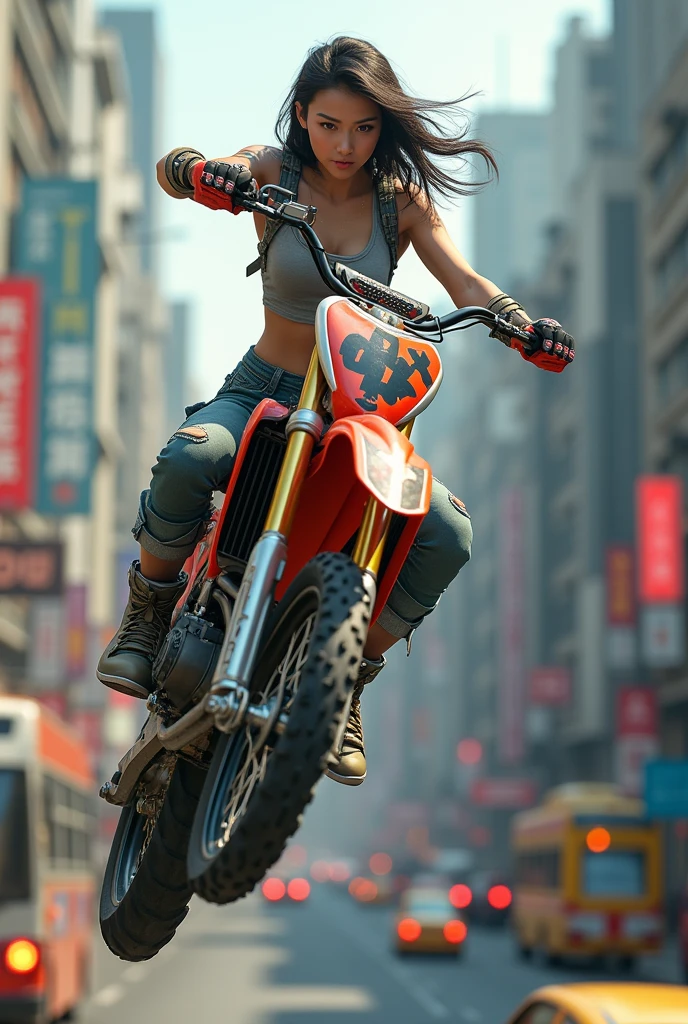 a beautiful Asian girl wearing cool clothes. doing freestyle motocross on a street full of action. You can see a rifle in his hand and pointing it towards the front. The effect of traffic chaos
