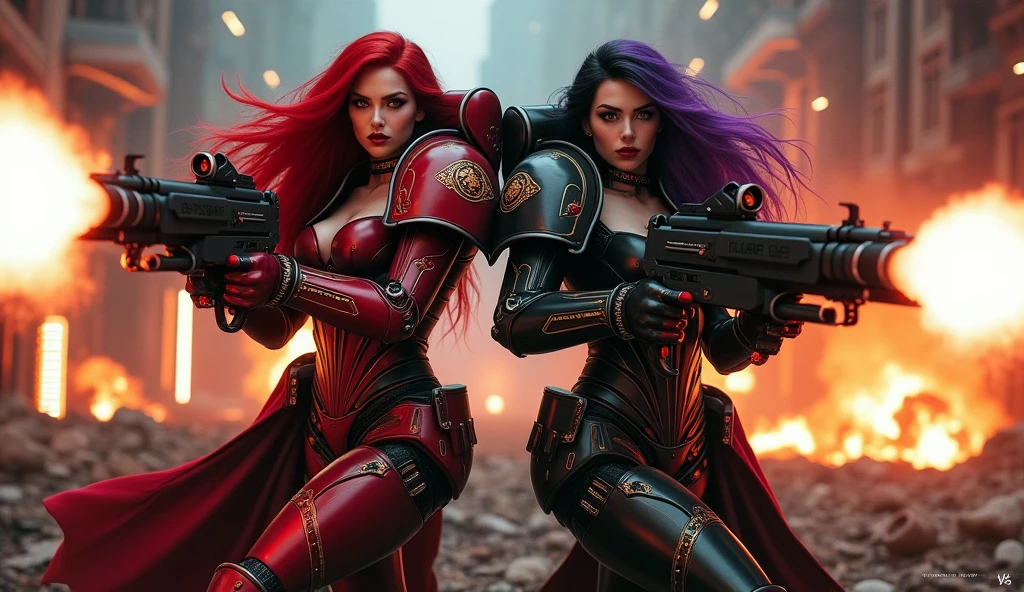 Full body pose sexy sisters of battle from the warhammer 40k, shooting at the enemy, red space marine armor with intricate details, black space marine armor with intricate details, symbols on the armor, sisters of battle, warhammer 40k, Massive exposed silicone breast, pale skin, seductive, temptation, eat your soul, clevage, long red flowing hair, long black flowing hair with purple highlights, heavy gothic makeup, at night, neon, beautiful detailed eyes, beautiful detailed lips, extremely detailed eyes and face, long eyelashes, highly detailed armor, intricate futuristic weaponry, dramatic lighting, cinematic composition, muted color palette, gritty and realistic, mecha, science fiction, hyper-detailed, photorealistic, award winning digital art, 8k, HDR, masters work, in the middle of a battle field, full body combat action pose, explosions and fire around, full war, stunning, Stilleto heels, high heels, full body pose, cinematic, movie trailer, final stand!, nemesis, ready to strike, dust and debree, combat screams, attacking, shooting at the enemy, running forward, last line of defense, charging, fanatic, religious, templar knights, sisters of battle, warhammer 40k, shooting at the enemy, bimbo gigantic exposed breast, jetpacks, space marine, stilleto heels, cinematic light, cameltoe pussy, beautiful pussy, wet pussy, wet body, oiled body, gigantic exposed breast, shooting at the enemy