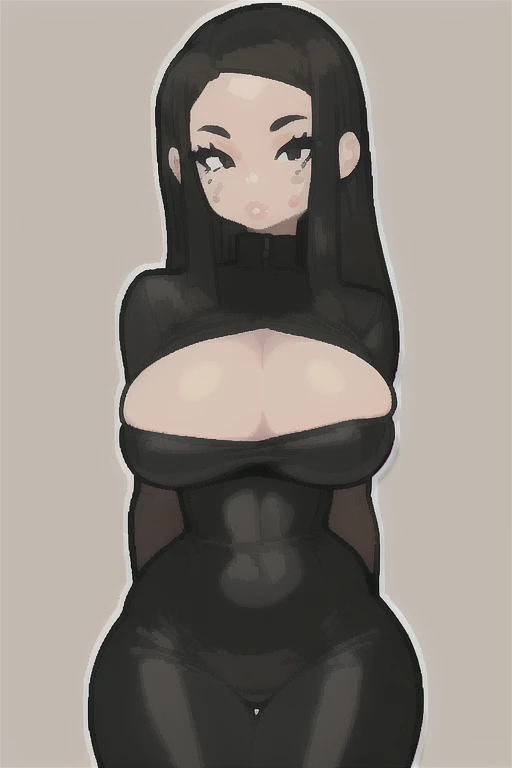 (masterpiece, best quality:1.3), AdnycArt, 1girl, solo, looking at viewer, big lips, parted lips, wide hips, bimbo lips, simple background, skindentation, cowboy shot, huge breasts, mature female, thick thighs, long hair, naked, Young asian baddie, baddie, black long hair, middle part with side bangs,