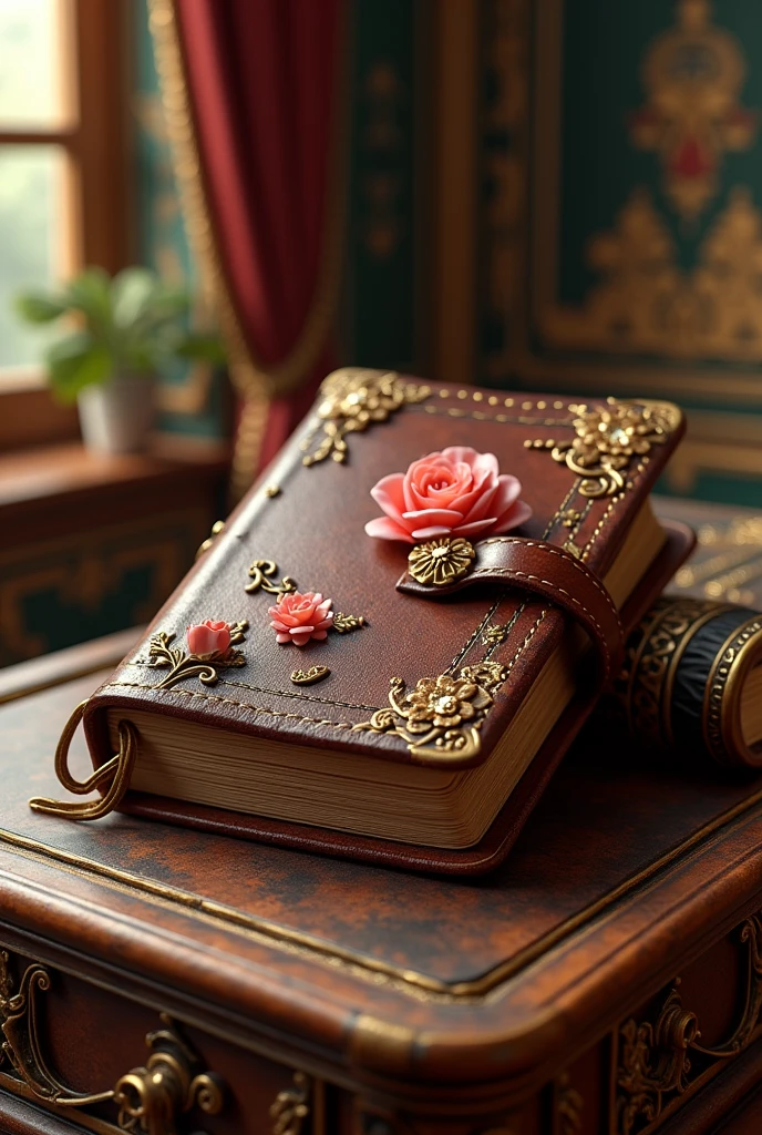 Vintage brown wooden made diary with 3D small flowers that a princess will have