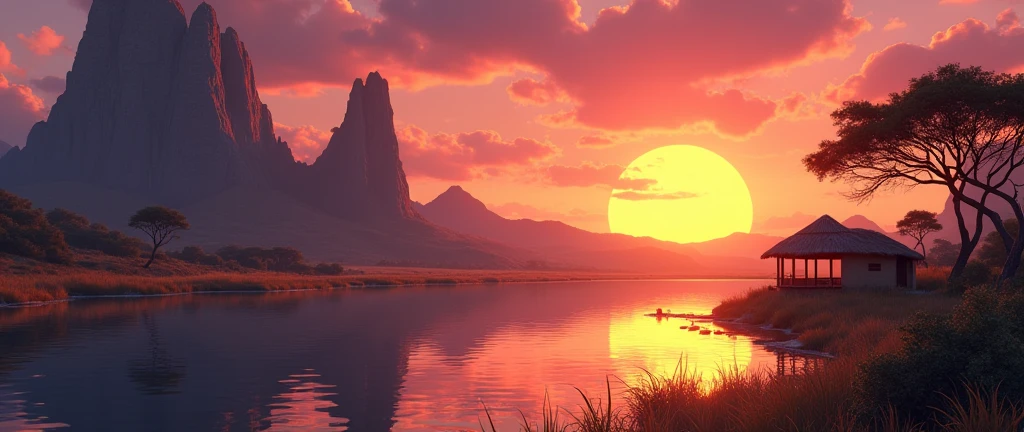 Breathtaking view of the African wilderness, beautiful sunrise over a tranquil lake, a very small African hut on one side of the scene, dramatic cinematic lighting, majestic rock formations, no animals or evil, breathtaking view, high detail, (best quality, 4k, 8k, high definition, masterpiece: 1.2), high detail, (realistic, realistic, photorealistic: 1.37), dramatic lighting, cinematic composition Pixar style close to cartoon, the land area is larger than the lake Trees and rocks Attention to precise theatrical perspective High quality on the scale of theatrical design Clear details Greek character tes the setting, D&D game. Animation style Asar African tribe