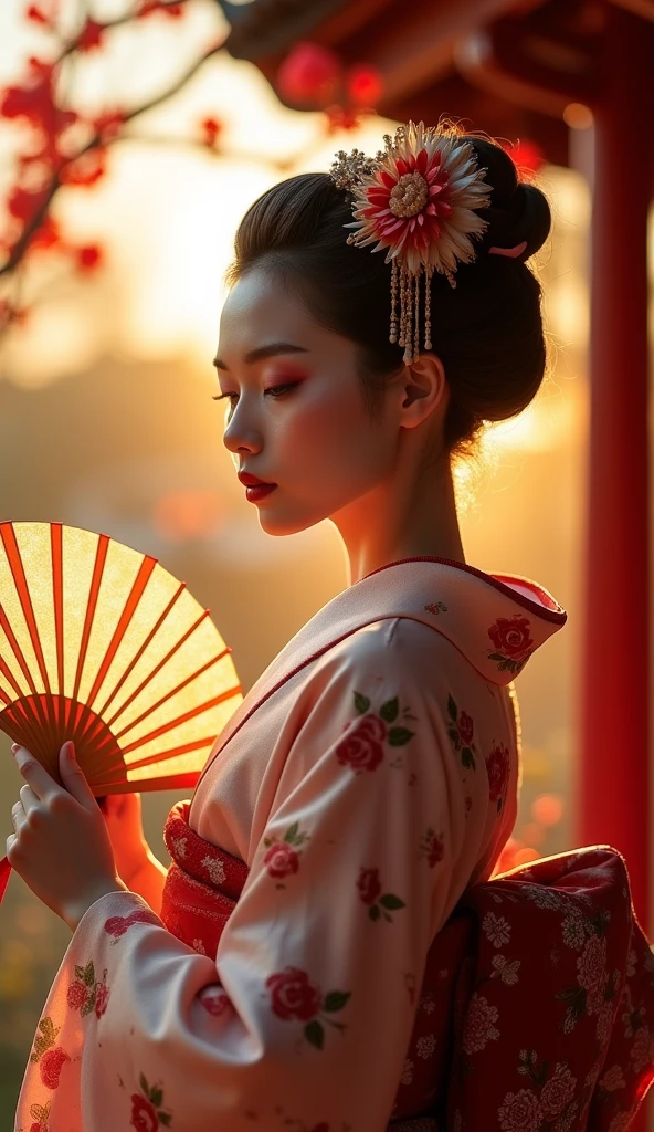 ((masterpiece, 8k, Highest quality, High resolution:1.3)), (Editorial portrait of a Japanese geisha in traditional costume:1.2), (She is in the temple:1.2), (At sunset、The light is coming from her side:1.2), (The place is full of flowers:1.2), (Her face has delicate and refined features:1.2), (Her hair is tied up in a traditional updo:1.2), (Her makeup is intricate and elegant:1.2), (Her kimono is beautifully patterned、Colorful:1.2), (She has a traditional fan:1.2), (Her pose is graceful and poised:1.2), (Sony a7R IV Camera, Perfect for capturing the detail and beauty of a scene:1.2), (Paired with Sony FE 85mm f/1.4. GM Lens:1.2), (the scene is softly lit, Warm sunset light:1.2), (Her confident and calm expression、Showcasing her natural elegance:1.2), (A moment frozen in time, Capturing the essence of traditional Japanese beauty and serenity:1.3), (Hyperrealistic, It highlights her features and the atmosphere of the wonderful temple.:1.3), (Images that transport the viewer to a magical and peaceful moment:1.2), (A scene that embodies the beauty of Japanese culture in a traditional context:1.2), Cinematic, Ultra-detailed, Insane Details, Beautiful color gradation, Cinematic Lightning, Highly detailed and exquisite, Hypermaximalist, Volumetric, Full Color, High resolution, Shallow depth of field, big budget hollywood movie, CinemaScope, Sulky, amazing, nice