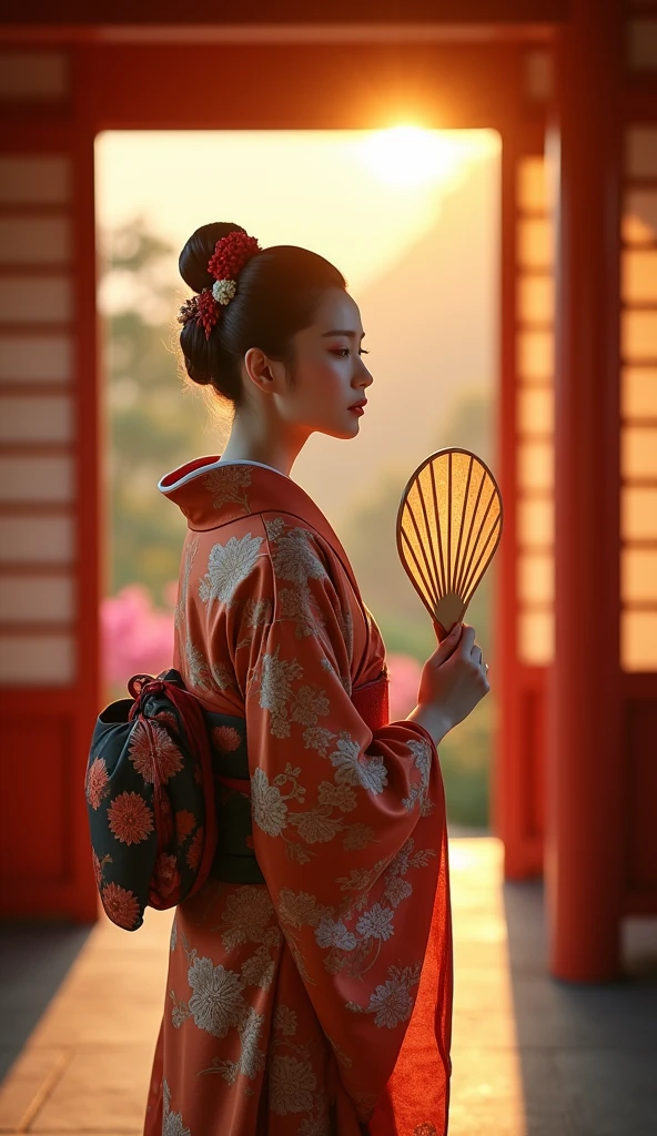 ((masterpiece, 8k, Highest quality, High resolution:1.3)), (Editorial portrait of a Japanese geisha in traditional costume:1.2), (She is in the temple:1.2), (At sunset、The light is coming from her side:1.2), (The place is full of flowers:1.2), (Her face has delicate and refined features:1.2), (Her hair is tied up in a traditional updo:1.2), (Her makeup is intricate and elegant:1.2), (Her kimono is beautifully patterned、Colorful:1.2), (She has a traditional fan:1.2), (Her pose is graceful and poised:1.2), (Sony a7R IV Camera, Perfect for capturing the detail and beauty of a scene:1.2), (Paired with Sony FE 85mm f/1.4. GM Lens:1.2), (the scene is softly lit, Warm sunset light:1.2), (Her confident and calm expression、Showcasing her natural elegance:1.2), (A moment frozen in time, Capturing the essence of traditional Japanese beauty and serenity:1.3), (Hyperrealistic, It highlights her features and the atmosphere of the wonderful temple.:1.3), (Images that transport the viewer to a magical and peaceful moment:1.2), (A scene that embodies the beauty of Japanese culture in a traditional context:1.2), Cinematic, Ultra-detailed, Insane Details, Beautiful color gradation, Cinematic Lightning, Highly detailed and exquisite, Hypermaximalist, Volumetric, Full Color, High resolution, Shallow depth of field, big budget hollywood movie, CinemaScope, Sulky, amazing, nice
