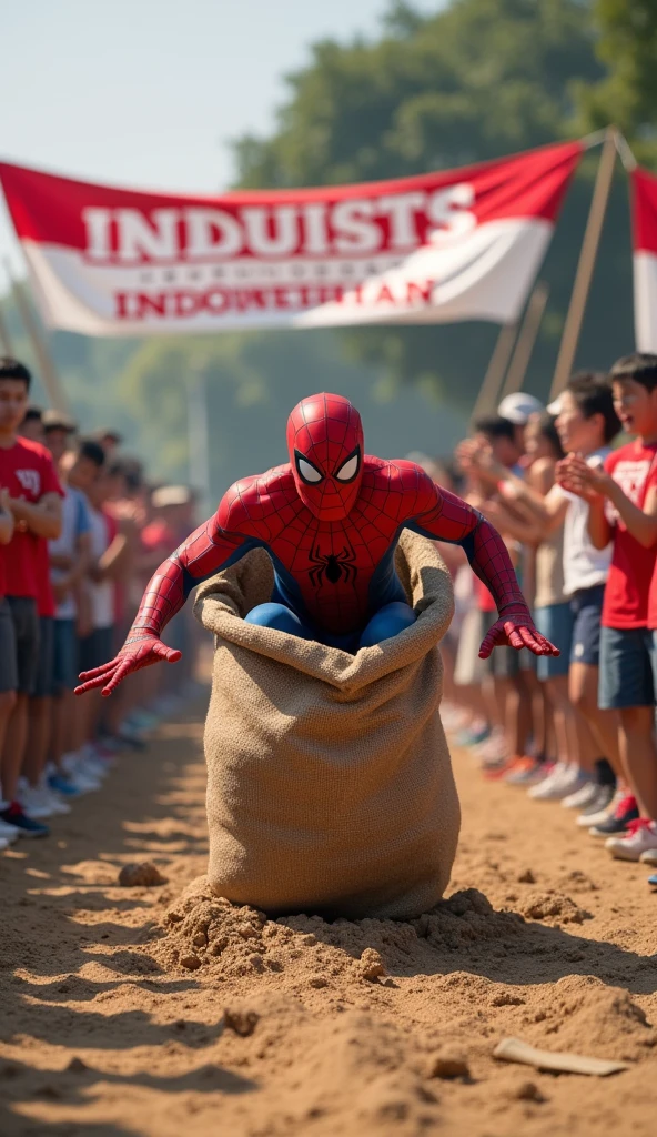 photorealistic, 64K, A highly realistic and humorous scene featuring Spiderman participating in a sack race during an Indonesian Independence Day celebration. Spiderman, in his iconic red and blue suit, is seen inside a burlap sack, desperately trying to jump forward as quickly as possible. His exaggerated effort, with arms flailing and legs struggling inside the sack, makes his attempts hilariously funny. The scene is set in a lively outdoor area with a large crowd of spectators, all cheering and laughing as they watch Spiderman’s comical performance. A prominent banner reading '17 Agustus Kemerdekaan Indonesia' hangs in the background, along with the Indonesian flag fluttering nearby, adding to the festive atmosphere. The image captures the joyful and spirited nature of the event, with Spiderman's humorous antics bringing smiles and laughter to everyone around, no blurring, fix fingers.